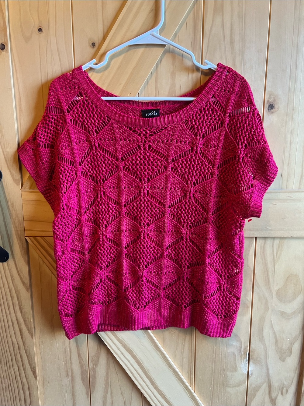 Rue21 Hot Pink Crochet Knit Short Sleeve  Button Back Sweater Size XL Spring EUC